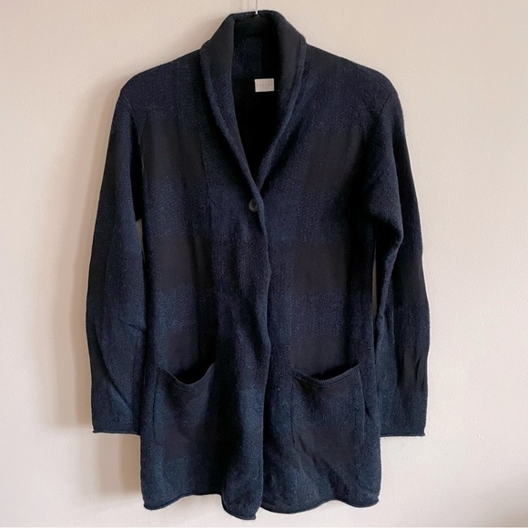 POETRY Navy and Black Plaid Shawl Collar Baby Alpaca Cardigan EUC - Picture 1 of 9